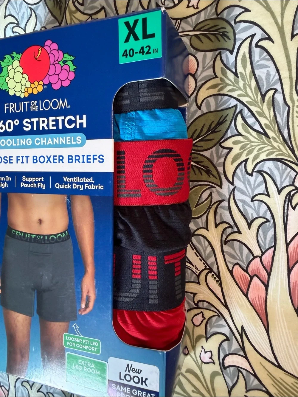 Fruit of the Loom 3-Pack Men’s Loose Fit Boxer Briefs – Black, Red, Blue (XL)